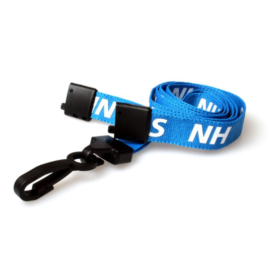 Pack of 100 15mm Pre-Printed NHS Blue Lanyard with Black Plastic Clip and Single Health & Safety Breakaway