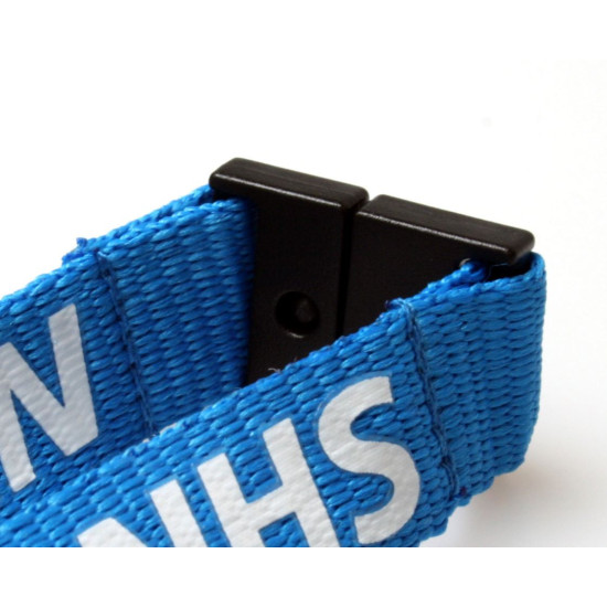 Pack of 100 15mm Pre-Printed NHS Blue Lanyard with Black Plastic Clip and Single Health & Safety Breakaway