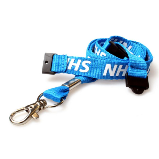 Pack of 100 15mm Pre-printed NHS Blue Lanyard with Double Health & Safety Breakaway and Metal Trigger Clip