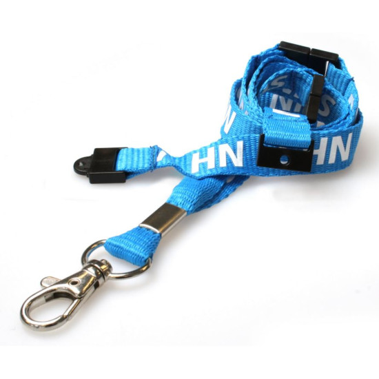 Pack of 100 15mm Pre-Printed NHS Blue Lanyard with Triple Health & Safety Breakaway and Metal Trigger Clip