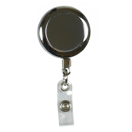 front view of chrome badge reel with strap