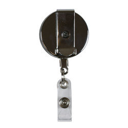Heavy Duty Reel with strap - All Chrome front view of chrome badge reel with strap