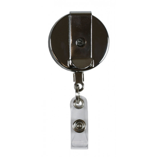 front view of chrome badge reel with strap