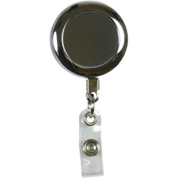 Heavy Duty Reel with strap - All Chrome front view of chrome badge reel with strap
