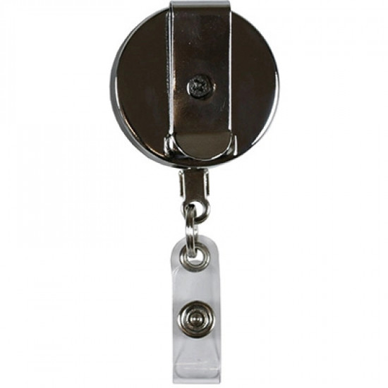 front view of chrome badge reel with strap