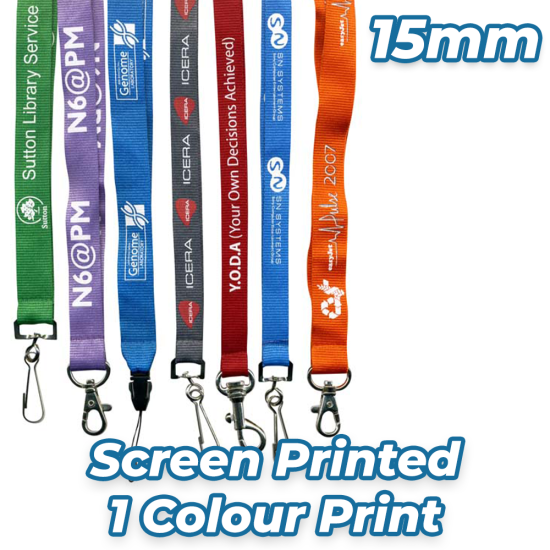 15mm Screen Printed Colour Lanyards - 1 Colour Print - 14-21 day delivery