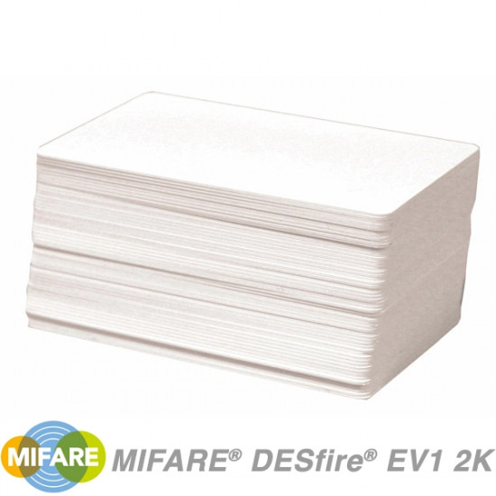 Stack of Blank NXP MIFARE DESFire EV2 2K MF3D2201 Cards and Mifare Logo