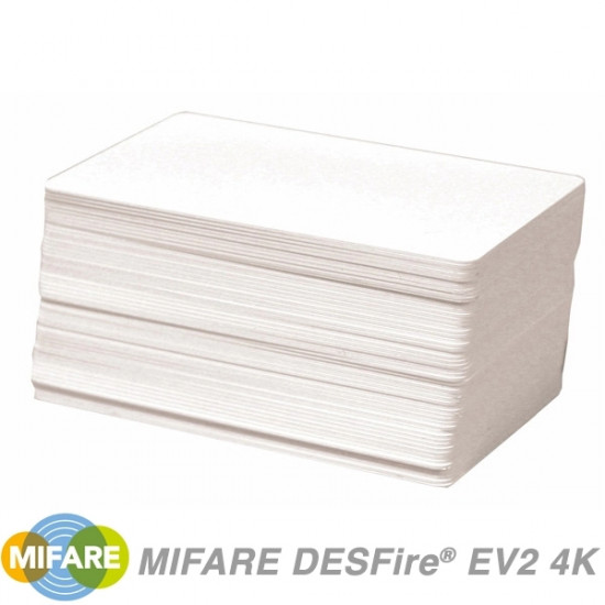 Stack of NXP MIFARE DESFire EV2 4K Cards MF3D4201DUD and Mifare Logo