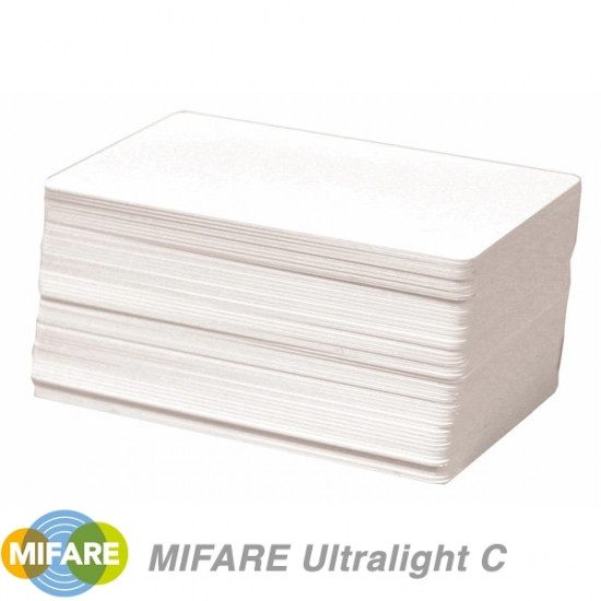 Stack of Plain White NXP MIFARE Ultralight C Cards and Mifare Logo