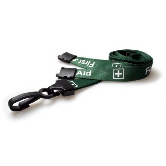15mm FIRST AID Pre-printed Lanyard with Black Plastic Clip - pack of 100